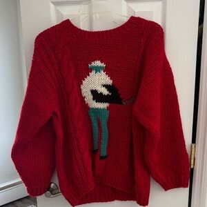 Red Cable Knit Novelty Sweater with Ski Figure
